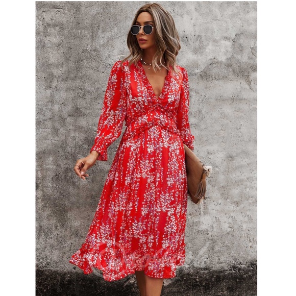 Ditsy Floral Red Midi Dress V-Neck - Picture 5 of 8